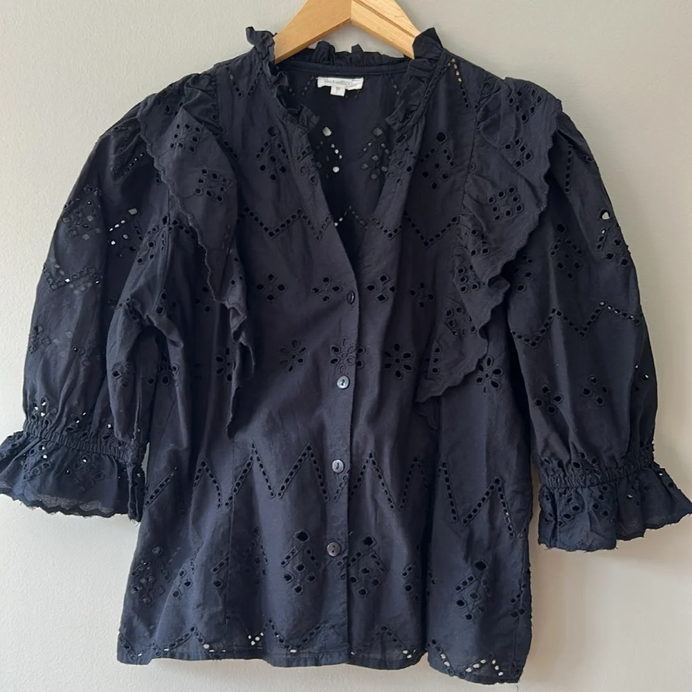 Rebellion Black Eyelet Puff Sleeve Button Front Top - Picture 2 of 8